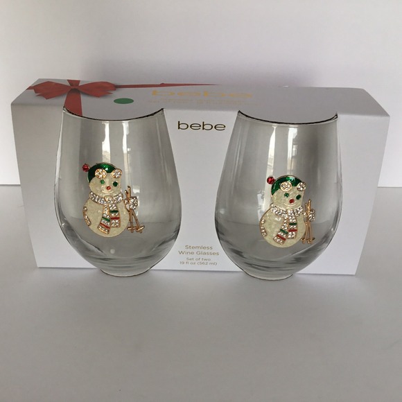 Home Essentials bebe Set of 2 Stemless Wine Glasses 19oz Gold Sparkle Snowman‎ - Picture 1 of 3